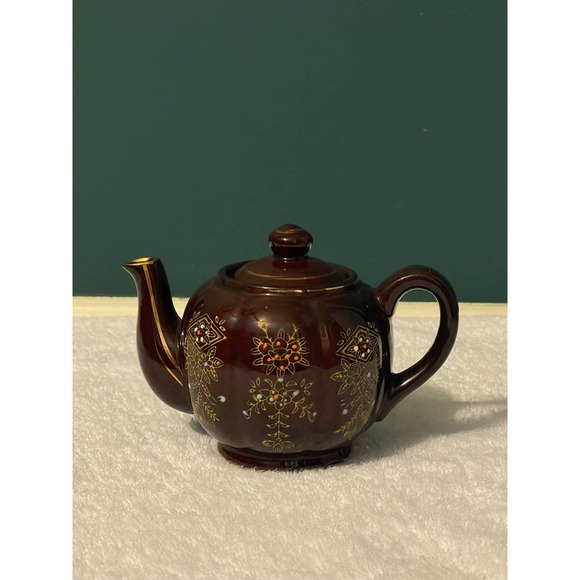 Vintage Moriage Redware Brown Betty Teapot w/ Lid Hand Painted Gold Trim Japan* - Picture 2 of 16